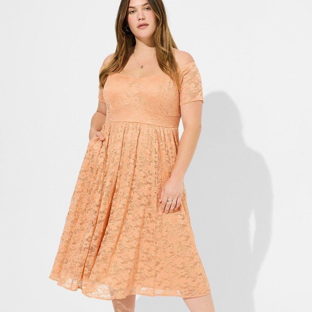 New Midi Lace Off Shoulder Peach Skater Dress